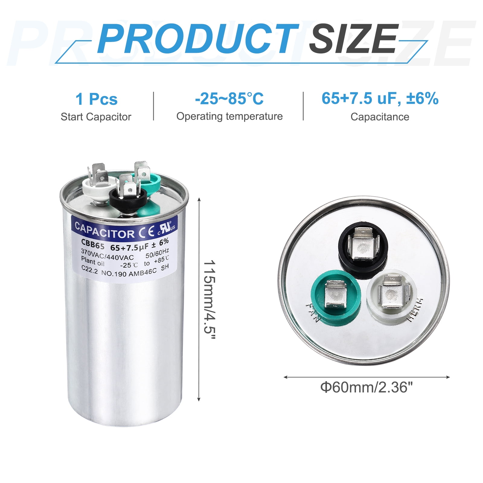 Uxcell 65+7.5MFD CBB65 Run Start Capacitor 65+7.5uF, 370/440V Round AC Capacitor for AC Motor Run, HVAC, Air Conditioner, Condenser Motors