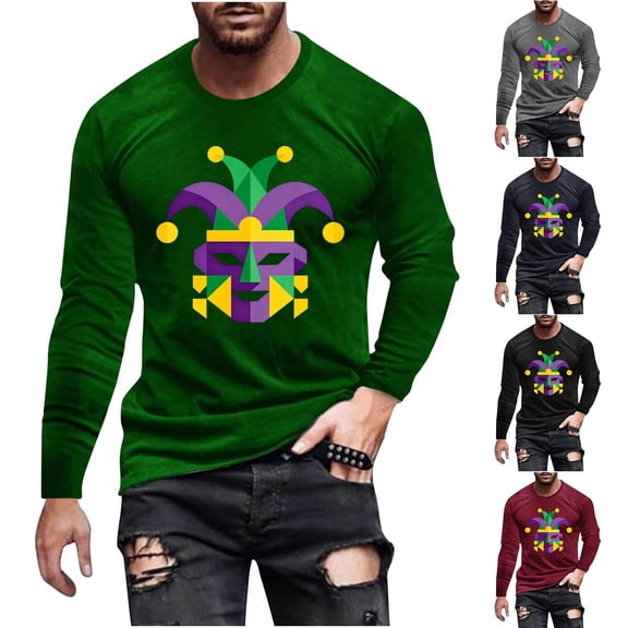 UVEASISHA Mens Mardi Gras Tshirt Crewneck Casual Long Sleeve Shirts Fancy Mask Graphic Tees Stretchy Slim Fit Gym Workout T-Shirts Wine M
