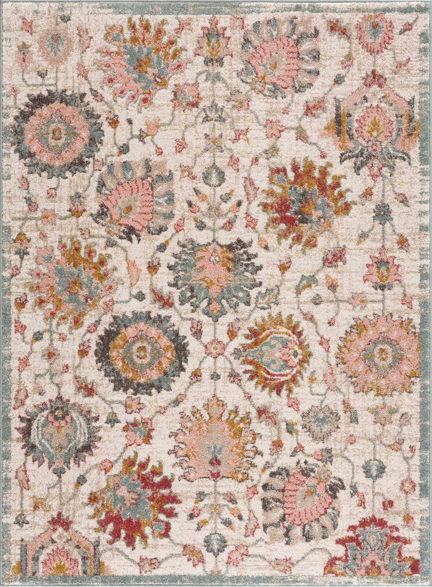 Hauteloom Twilight Living Room Bedroom Bohemian Dining Room Area Rug - Floral Farmhouse Carpet - Boho, Modern Vintage - Colorful, Pink, Orange, Red, Cream, Salmon - 5'3" x 7'3"