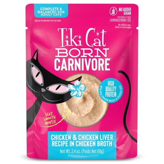Tiki Cat Born Carnivore Wet Cat Food, Mousse, Chicken & Liver Recipe in Broth, 2.4 oz. Pouch