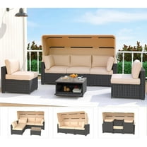 Outdoor Daybed with Canopy,6 Pieces Patio Furniture Sets Adjustable Backrest PE Gradient Wicker Sectional Furniture Set with Tempered Glass Side Table