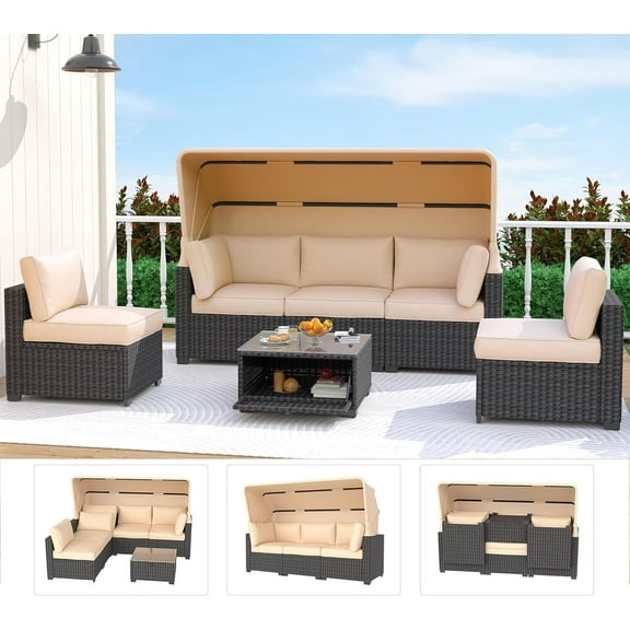 Outdoor Daybed with Canopy,6 Pieces Patio Furniture Sets Adjustable Backrest PE Gradient Wicker Sectional Furniture Set with Tempered Glass Side Table