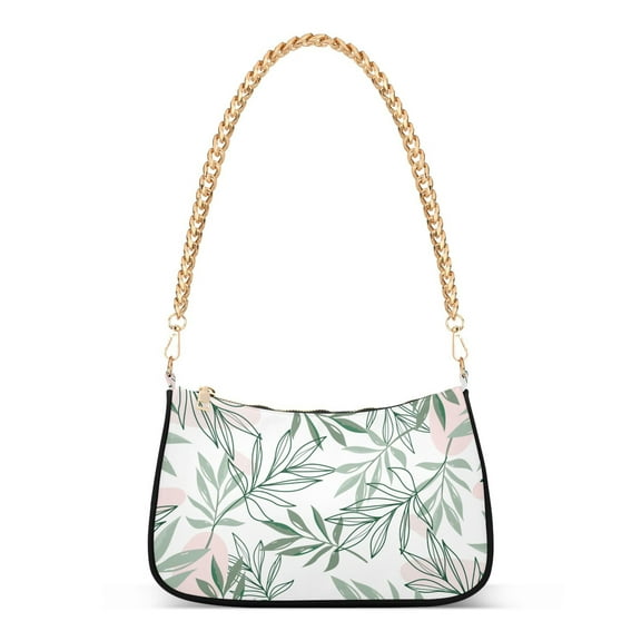 Womens Chain Shoulder Bag Green Leaves with Pink Classic Tote Handbags Fashion Clutch Hobo Purse with Zipper for Travel Casual