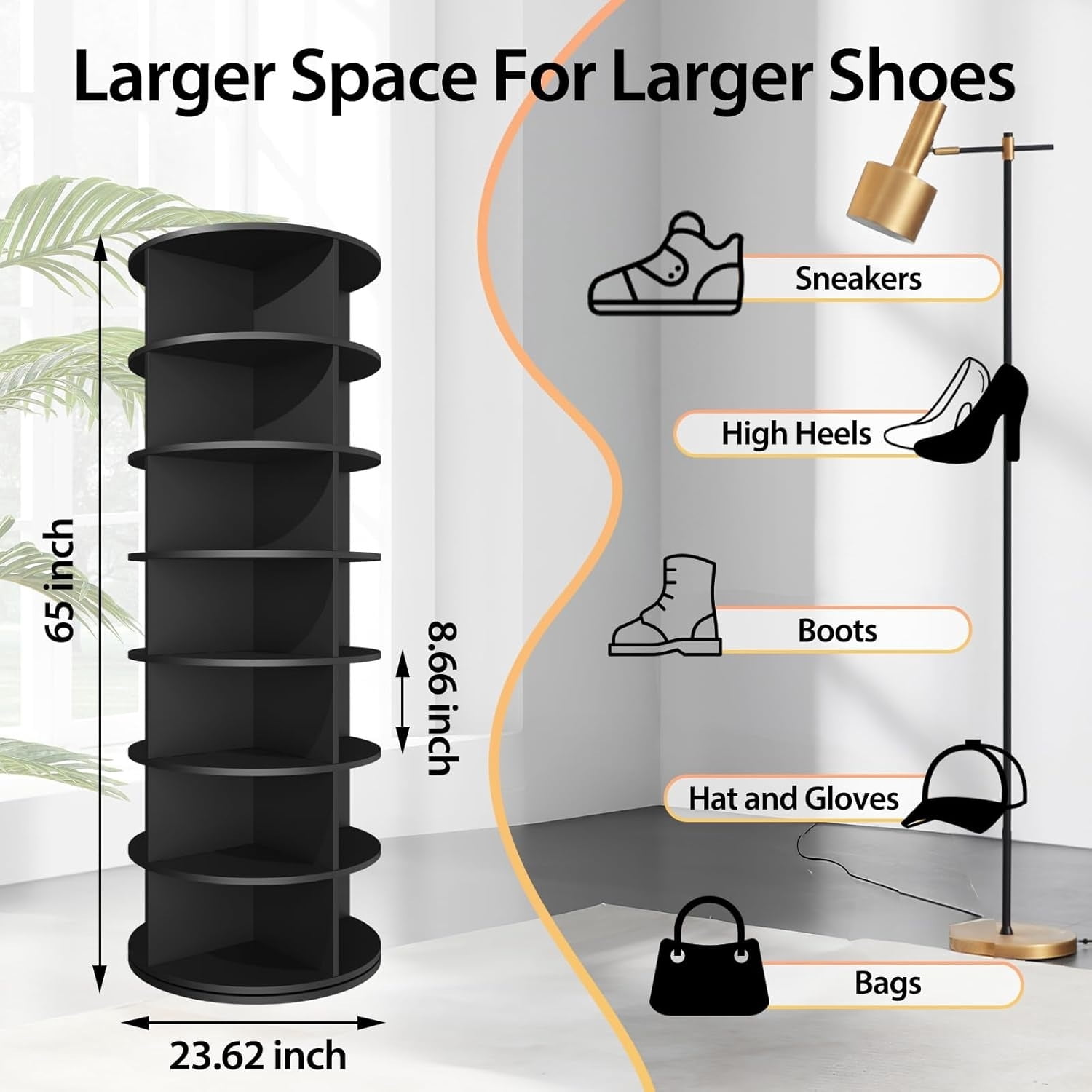 Freestanding 7 Tier Rotating Shoe Rack Tower Tall & Easy Assembly, Spinning Shoe Display Lazy Susan Space-Saving, Revolving 360 Shoe Rack Storage Round Carousel, Vertical Handbag Rotate Shoes Closet