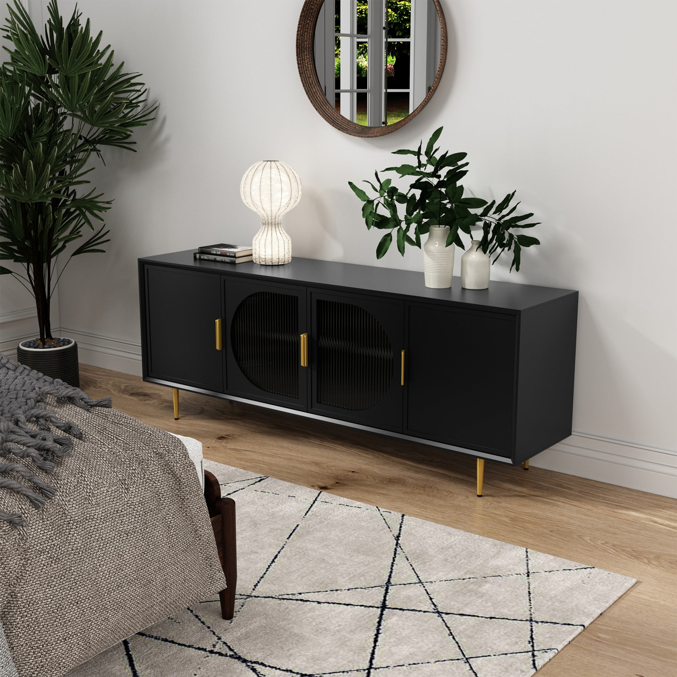 HLR Black TV Cabinet with Glass Doors & Gold Feet for TVs up HLR Black TV Cabinet with Glass Doors & Gold Feet for TVs up
