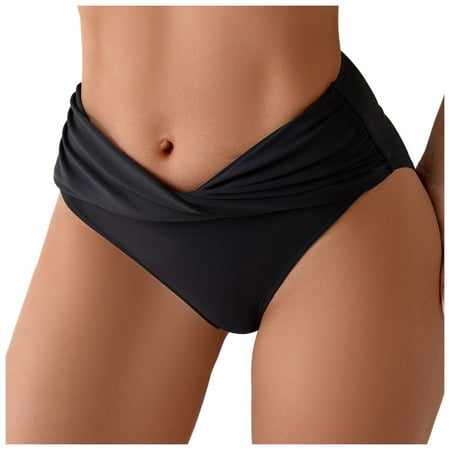 Zhden Bikini Bottoms for Women High Cut Cheeky V Cut Bikini Bottom Ruched Tummy Control Swim BottomsBlack L
