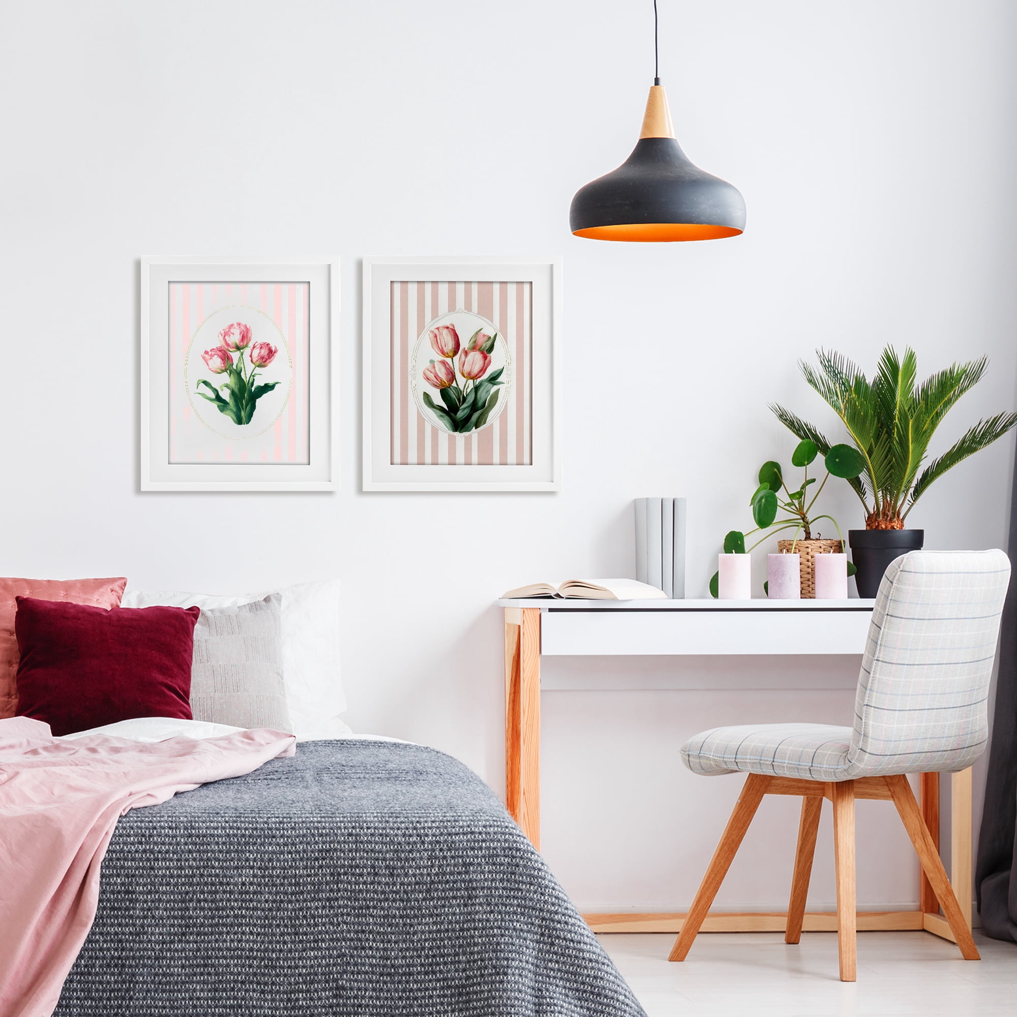 Stupell Industries Blush Tulips on Stripes 2 Piece White Framed Print Under Glass Set, design by Ink Drop Loft