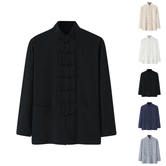 Mens Shirts Long Sleeve Cotton Linen Retro Mandarin Collar Chinese Button Blouse Tops with Pockets