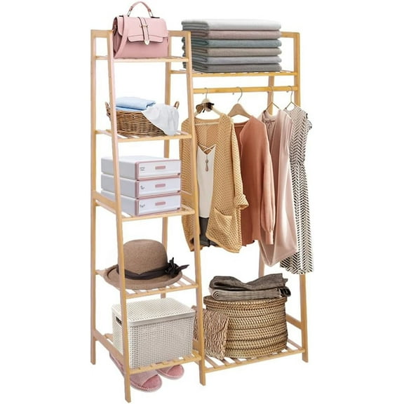 Bamboo Garment Rack 7-Tier Storage Shelves Clothes Hanging Rack, Heavy Duty Clothing Rack Minimalism Wardrobe Closet Organizer for Indoor