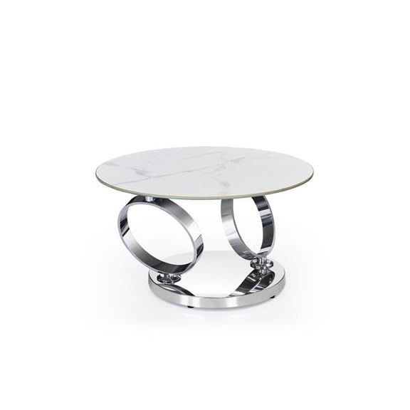 HomeRoots 554292 32 in. White & Silver Ceramic Tile & Metal Round Abstract Coffee Table