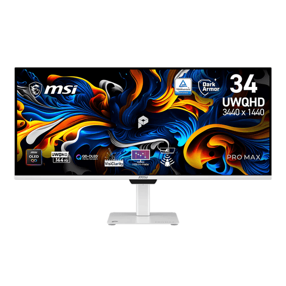 MSI PRO MAX 341QPXW14G 34" UWQHD (3440 x 1440) Flat QD-OLED EyesErgo Monitor, White, 144Hz, 21:9, OD-OLED, 0.03ms, 1300 nits (HDR), Uniform Luminance, Built-in Two Speakers