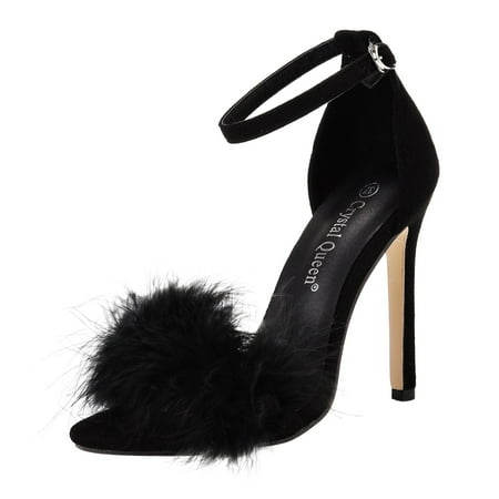 

Sandals Women Heels Open Toe Sandal Fluffy Feather Strappy High Heel Shoes High Heels Buckle Sandals Shoes For Women Slip On Sandals