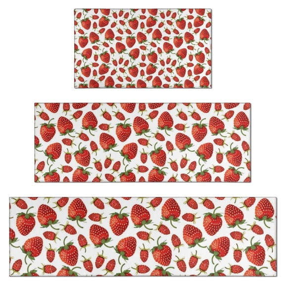 Red Strawberry Plants Fruit White Pattern Kitchen Rugs Sets Of 3,Kitchen Runner Rugs Non Skid Washable,Decorative Kitchen Floor Mats for Kitchen,Sink,Laundry,17"x30" 17"x47" 17"x59"