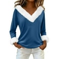 thumbnail image 2 of Long Sleeve Pullover Christmas Tops Womens Loose Long Sleeve V Neck Fur Trim Sweater Tops Blue XL, 2 of 7