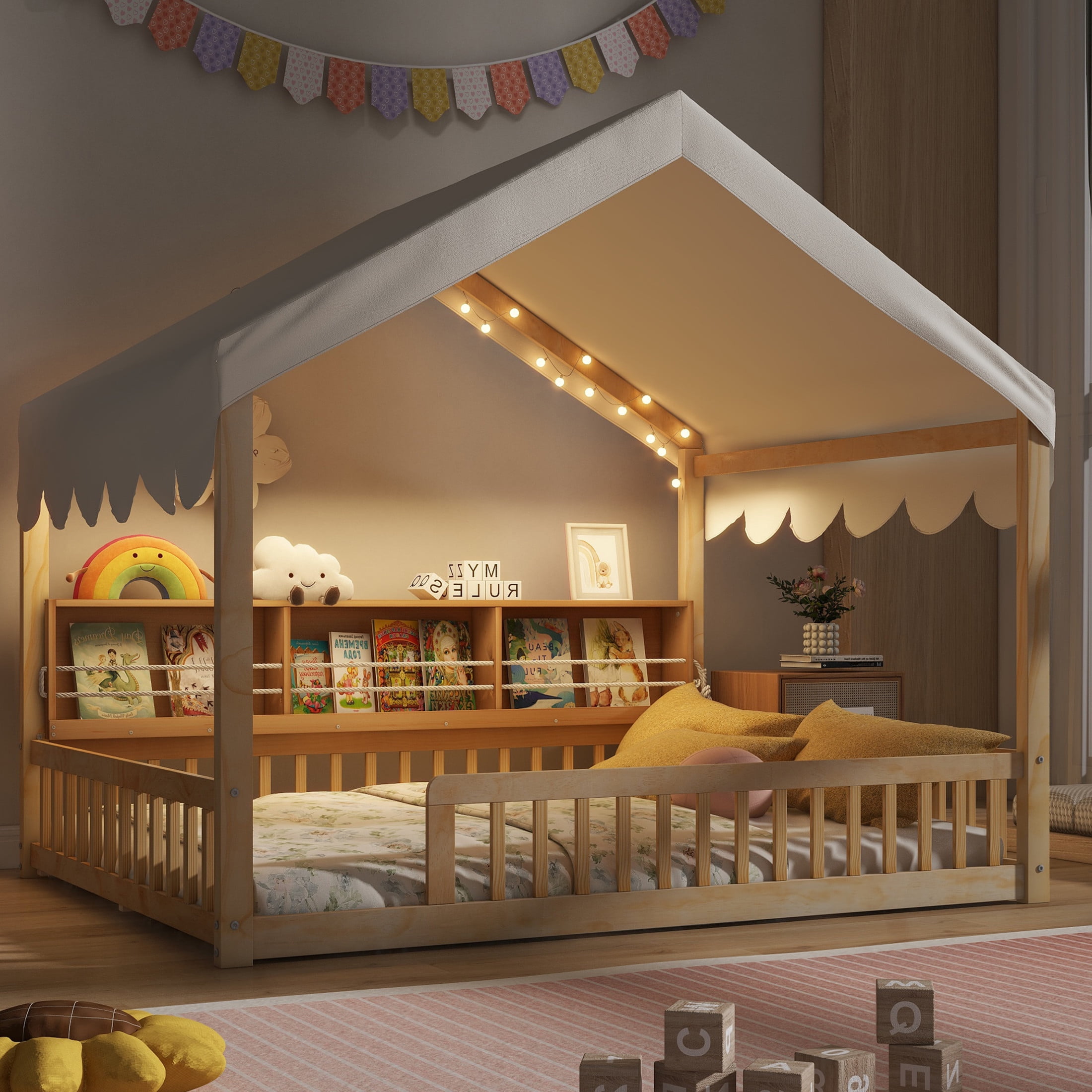 Noble House Larissa Full Size House Bed with Fence and LED Lights, Wooden Floor Bed, Heavy Duty, Natural and Beige