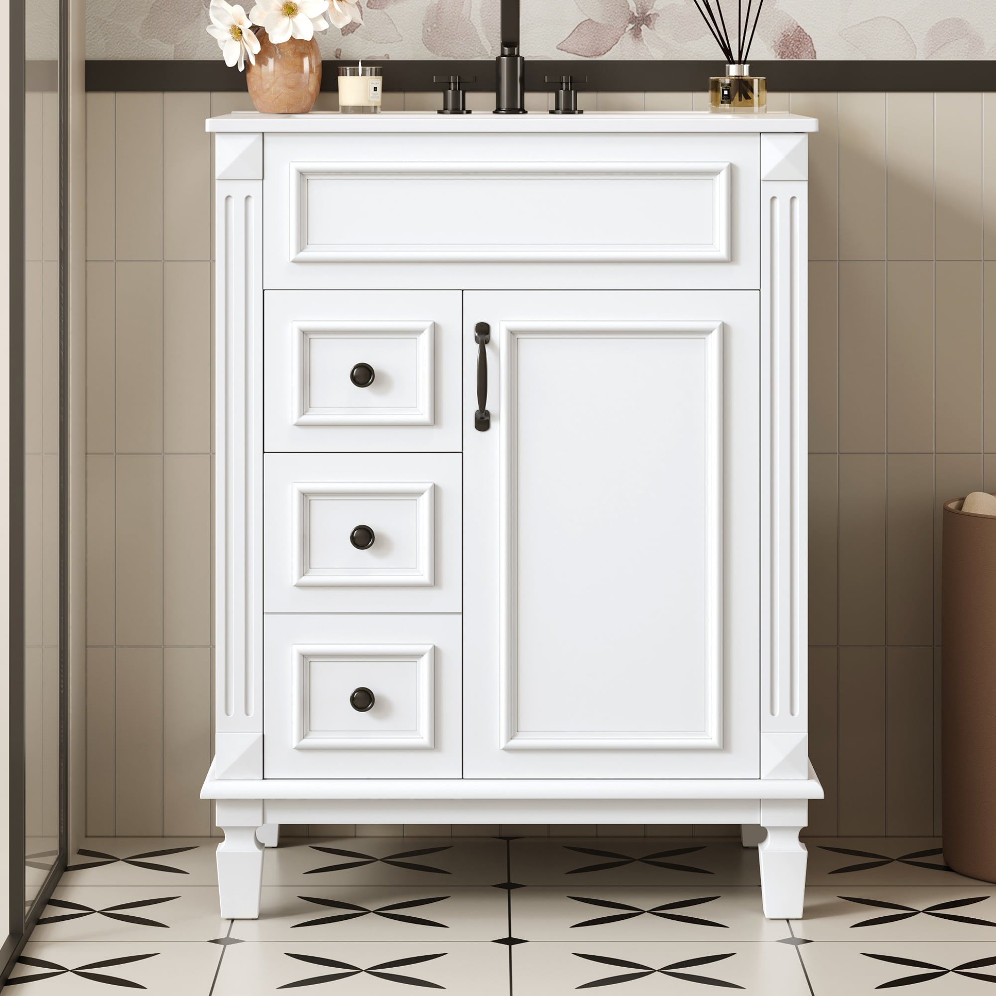 24" Bathroom Vanity with Ceramic Sink, Small Bathroom Vanity with 2 Drawers, Modern Vanity with Adjustable Shelf for Powder Room, Guest Bath, Apartment, White