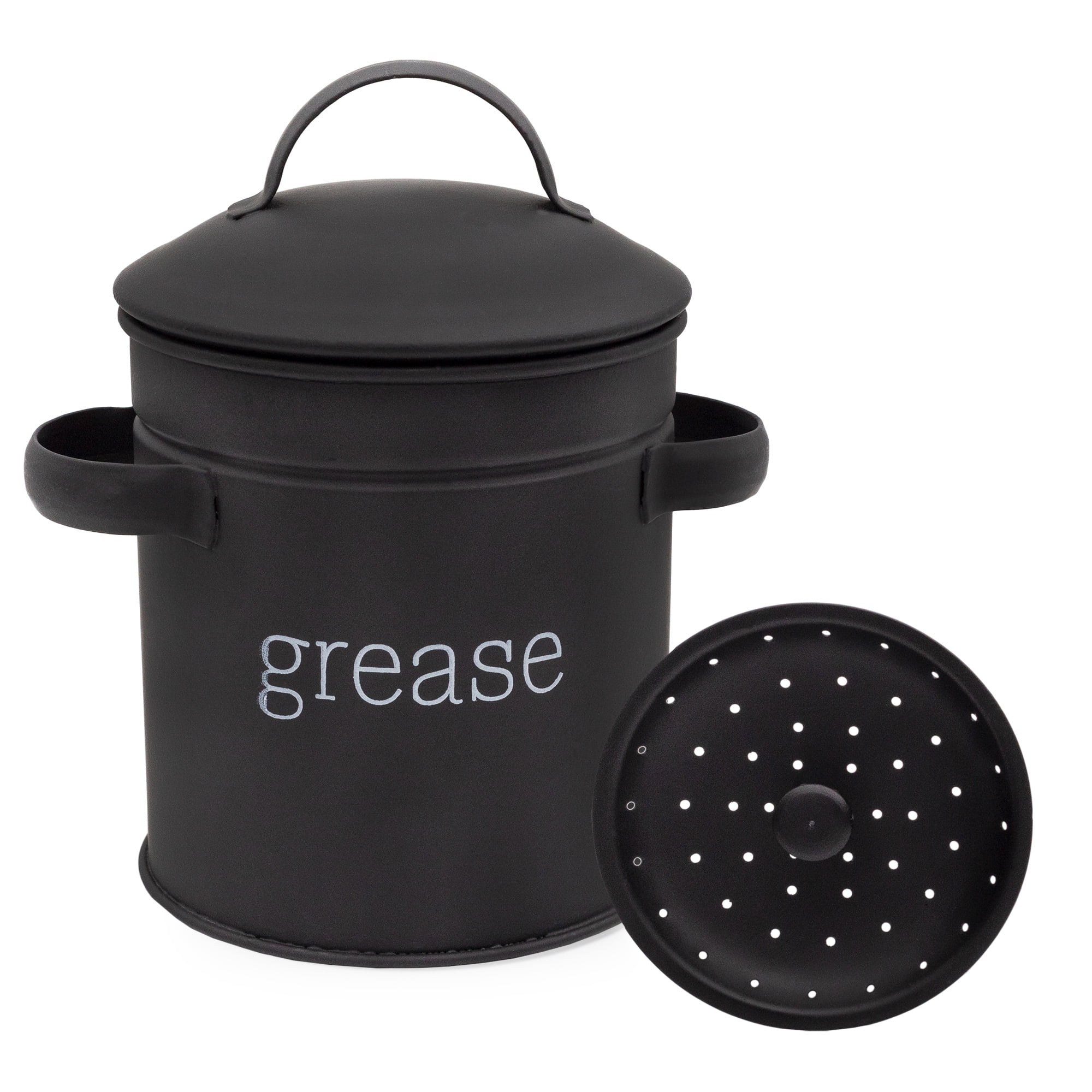 AuldHome Enamelware Grease Container with Strainer (Black), Farmhouse