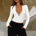 thumbnail image 2 of Womens Sexy Tops Long Sleeve Slim Fit Crop Tee Shirts Low-Cut Ribbed Knit Going Out Blouses Clubwear Outfits (XL, White), 2 of 5