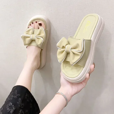 

Open Toe Indoor Height on Word Outside House Home Shoes Slides Women s Slippers and Ladies Sandals with Bow Yellow Thick Vip B F