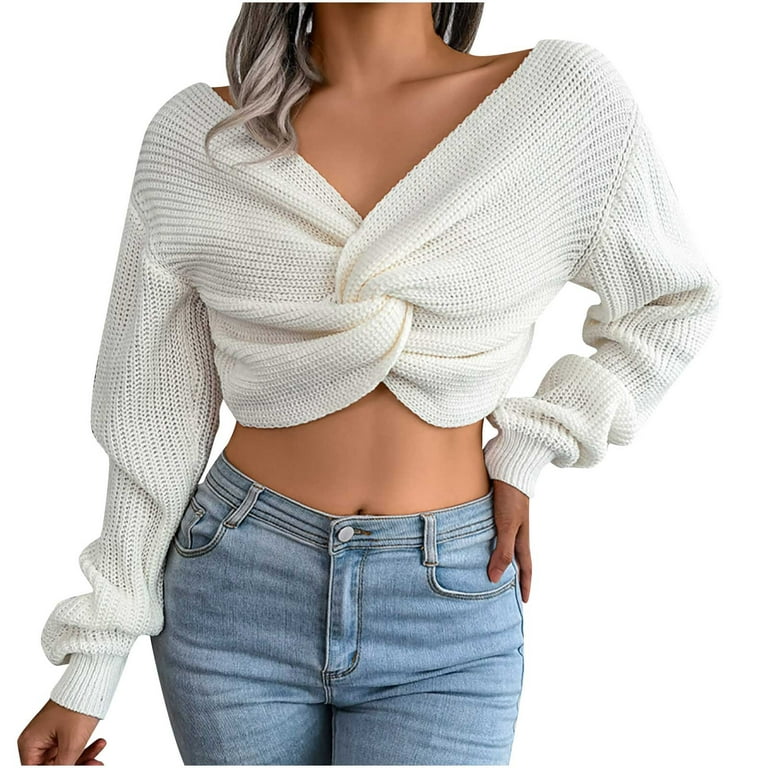 2023 Womens Sexy Sweaters Twist Knot Front Crop Tops Solid Casual Long  Sleeve Knit Sweater V Neck Cropped Sweater