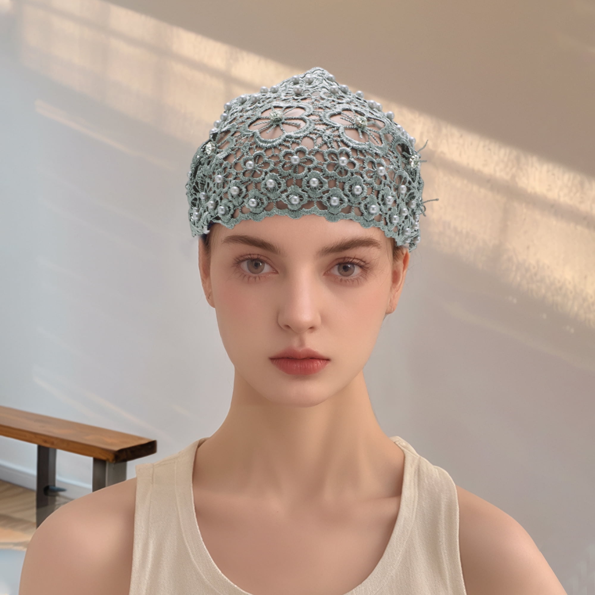 Unique Bargains 1pc Stylish and Comfortable Fashion Bead Hollow Wide Headwrap Gray