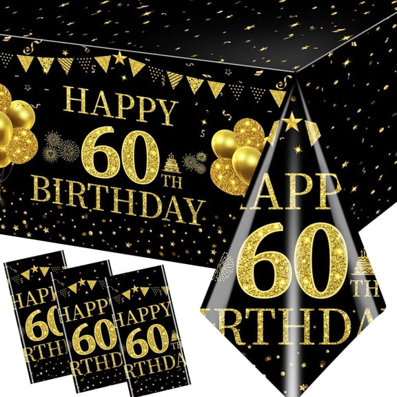 3Pcs 60th Birthday Tablecloth Decorations - Black Gold Happy 60 Birthday Table Cloth Rectangle Table Decorations for 60th Birthday Party Favors
