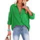 thumbnail image 1 of Camisa informal holgada para mujer con cuello vuelto y color puro, talla M, blusa verde con cuello en V y manga larga, 1 of 6