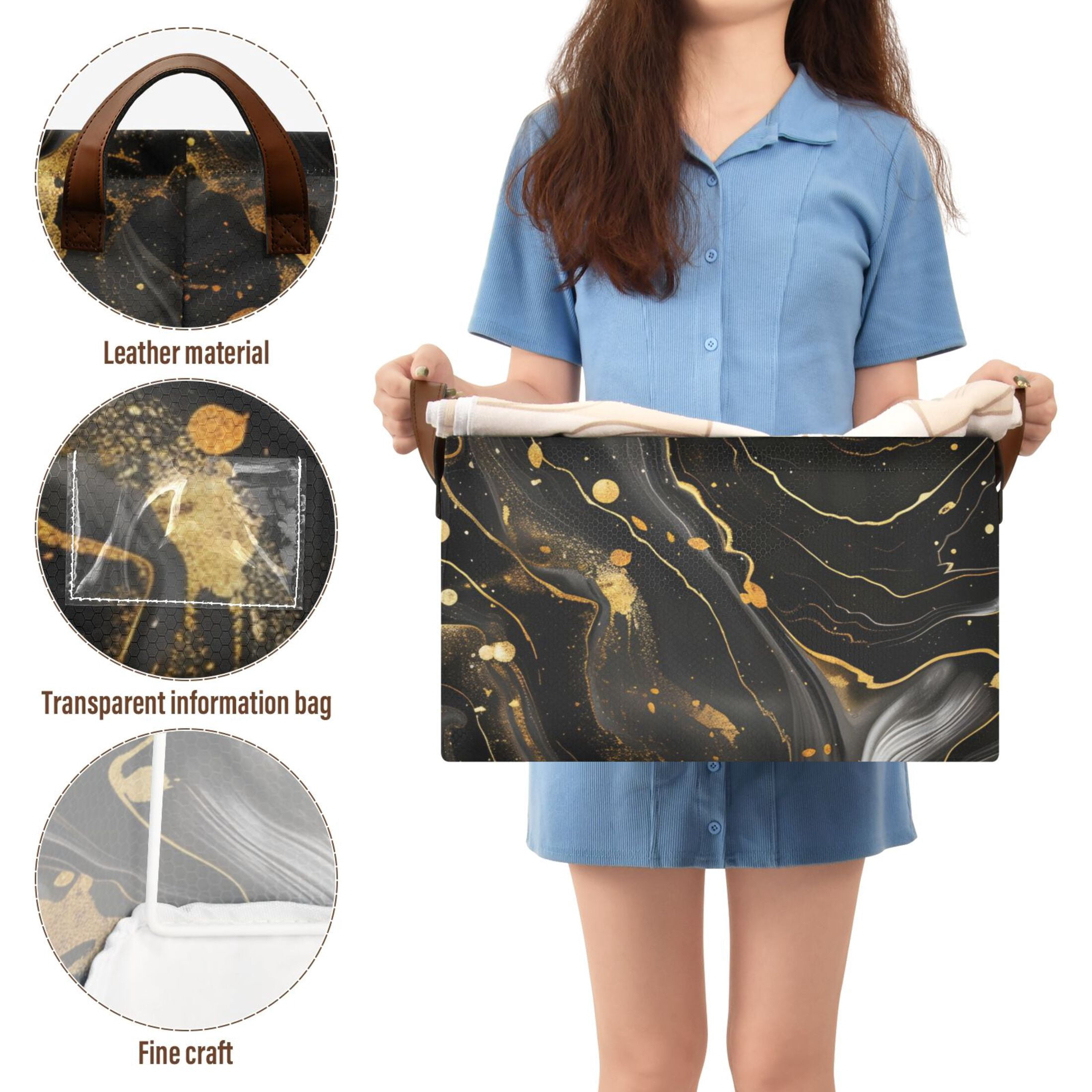 Ryvnso Luxury Black and Gold Marble Storage Bins Large Basket Foldable Cube Toys Organizer with Handles 2 PCs