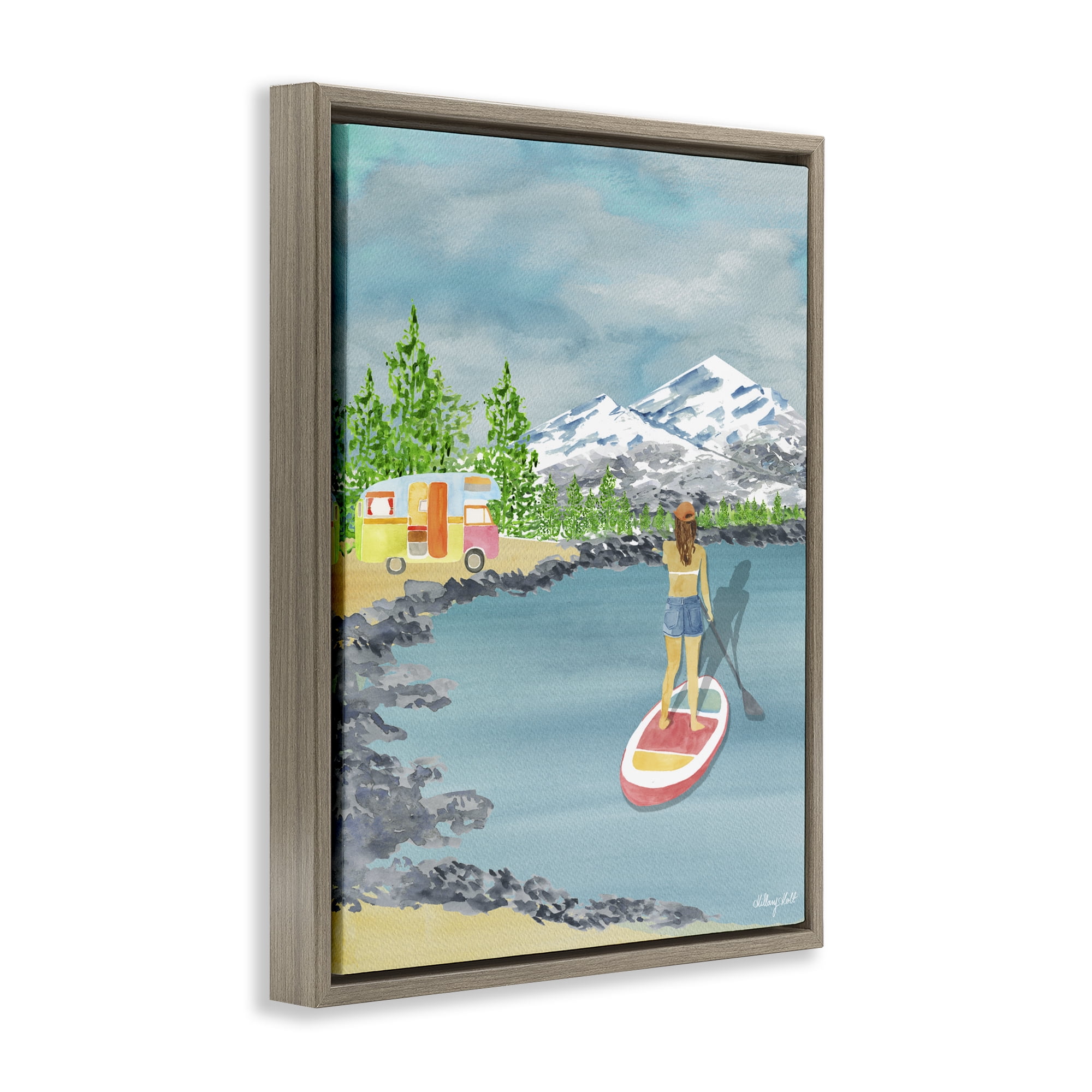Stupell Industries Lake Tahoe Paddle Boarding Brown Framed Floater Canvas Wall Art, design by Hillary Holt
