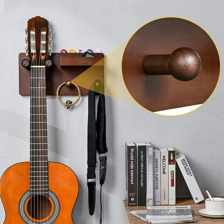 Donner Guitar Wall Mount Shelf Guitar Wall Hanger with Storage Shelf Pick Holder and 2 Hook Guitar Wood Hanging Rack for Electric Guitar Acoustic