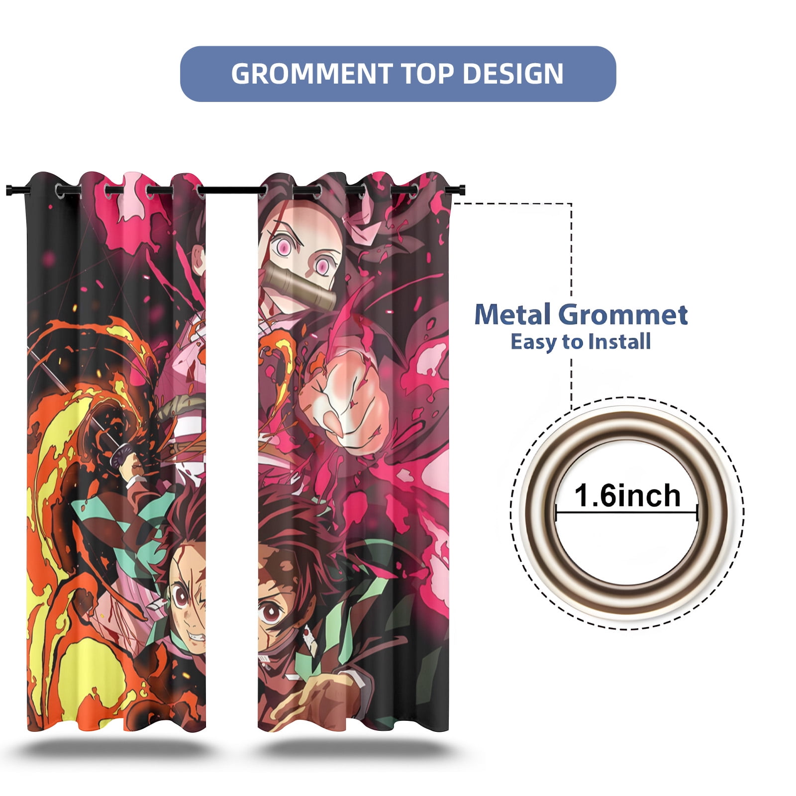Anime Curtains for Bedroom Drapes Slayer Tanjirou Inosuke Kyoujurou Print Design Window Treatments Curtain Panel Set, 2-Panels, 52" W x 63" L