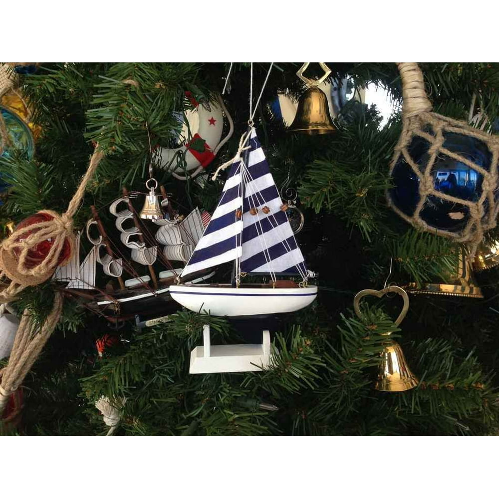 Blue Striped Sailboat Christmas Tree Ornament 9" Nautical Christmas