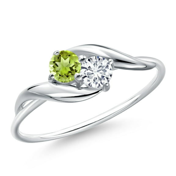 Gem Stone King 10K White Gold Round Green Peridot and White Lab Grown Diamond Ring for Women (0.38 Cttw, Round 3.5MM, Gemstone August Birthstone, Size 5)