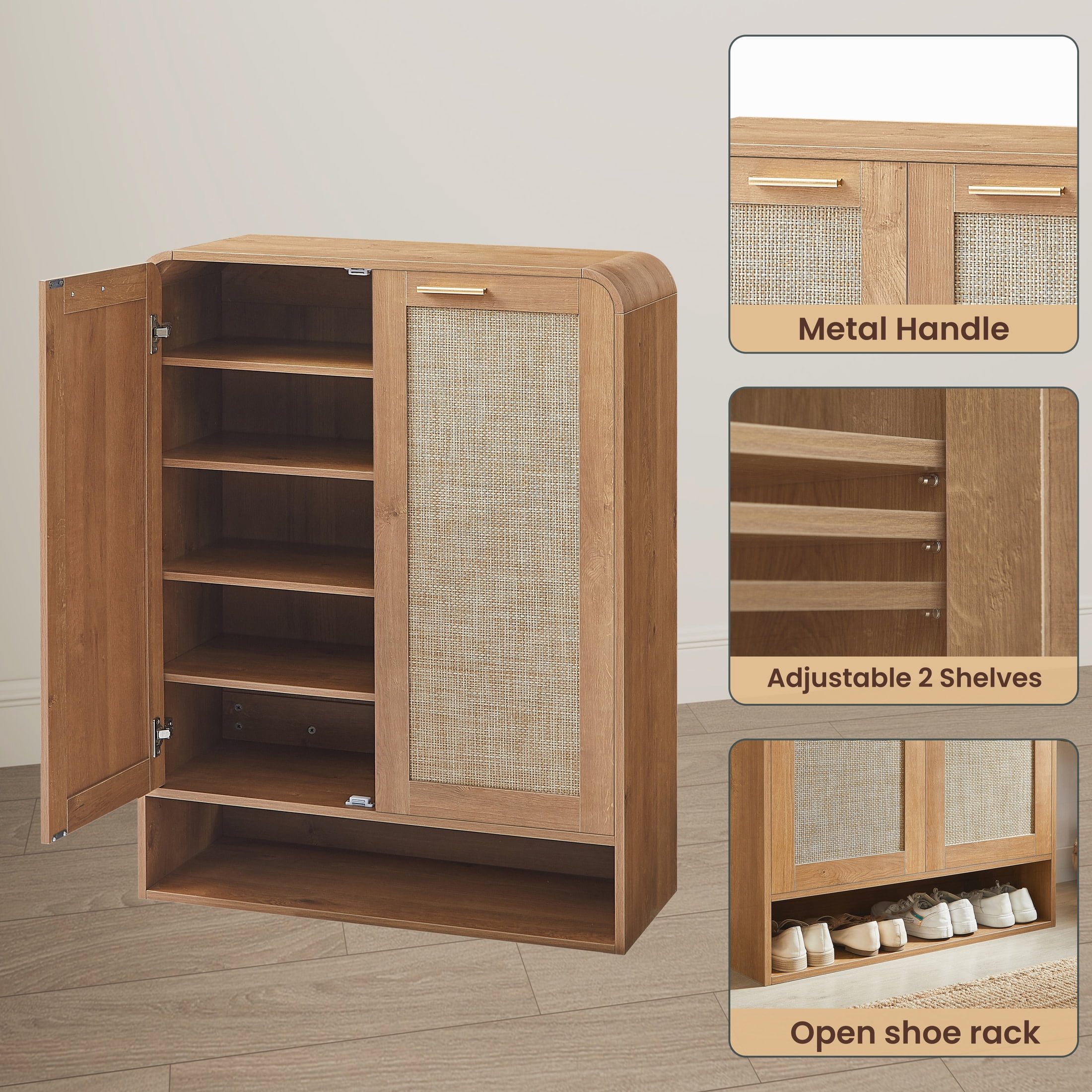 Noble House Prado 32" Rattan Shoe Cabinet, 6-Tier Entryway Storage with Adjustable Shelves, Hallway, Closet, Caramel