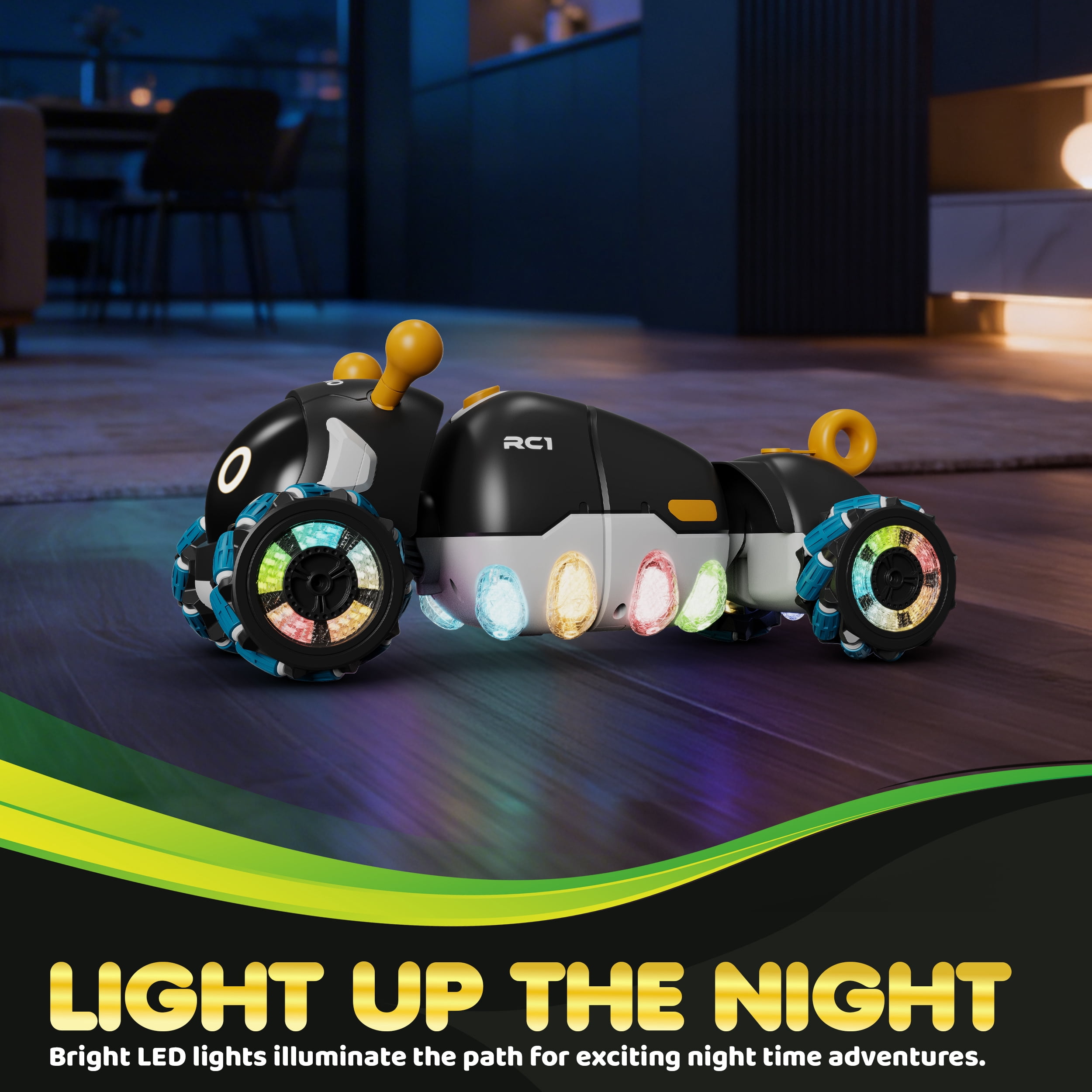 Contixo RC1 Mech Stunt RC Caterpillar Car – Kids Remote Control Car, Omni-Directional 360° Spins, Mist Spray, LED Lights, All-Terrain Stunt Vehicle, Torsion Body, 2.4GHz Remote – Black