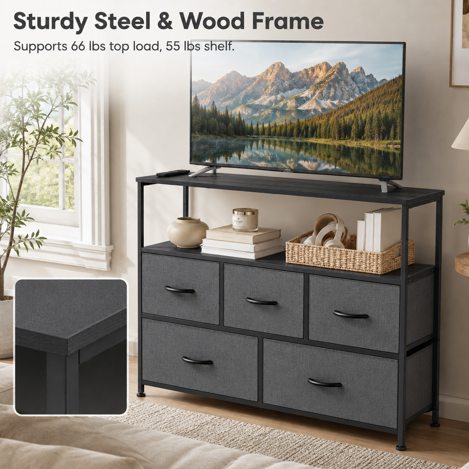Alvantor Tall Fabric Dresser, TV Stand Media Console, 5 Drawer Storage Tower with Wooden Top for Bedroom, Entryway, Nursery