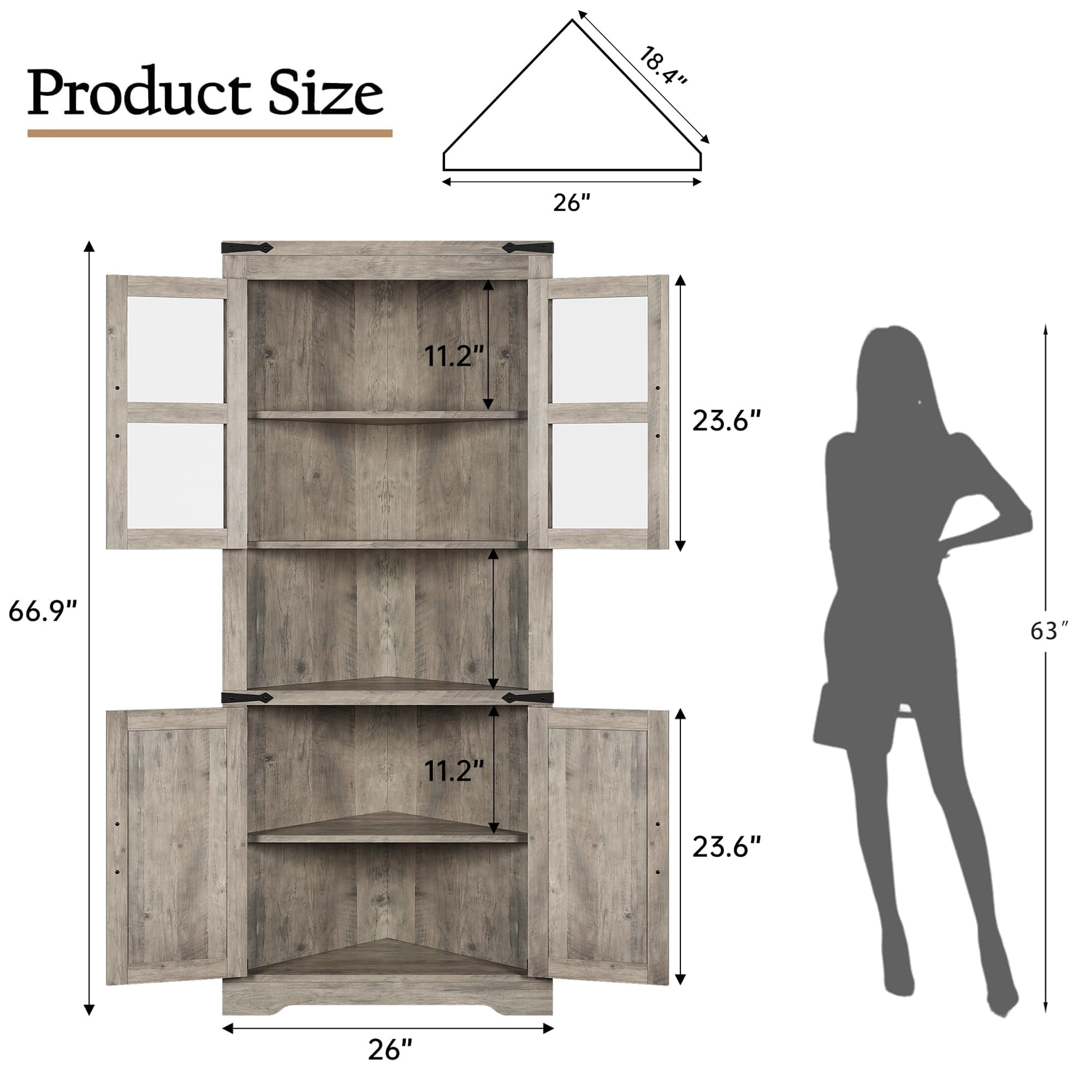 Corner Storage Cabinet with Glass Doors, Double-Door Corner Cabinet, Corner Cabinet with Shelves, Corner Cabinet with Light Strips-gray