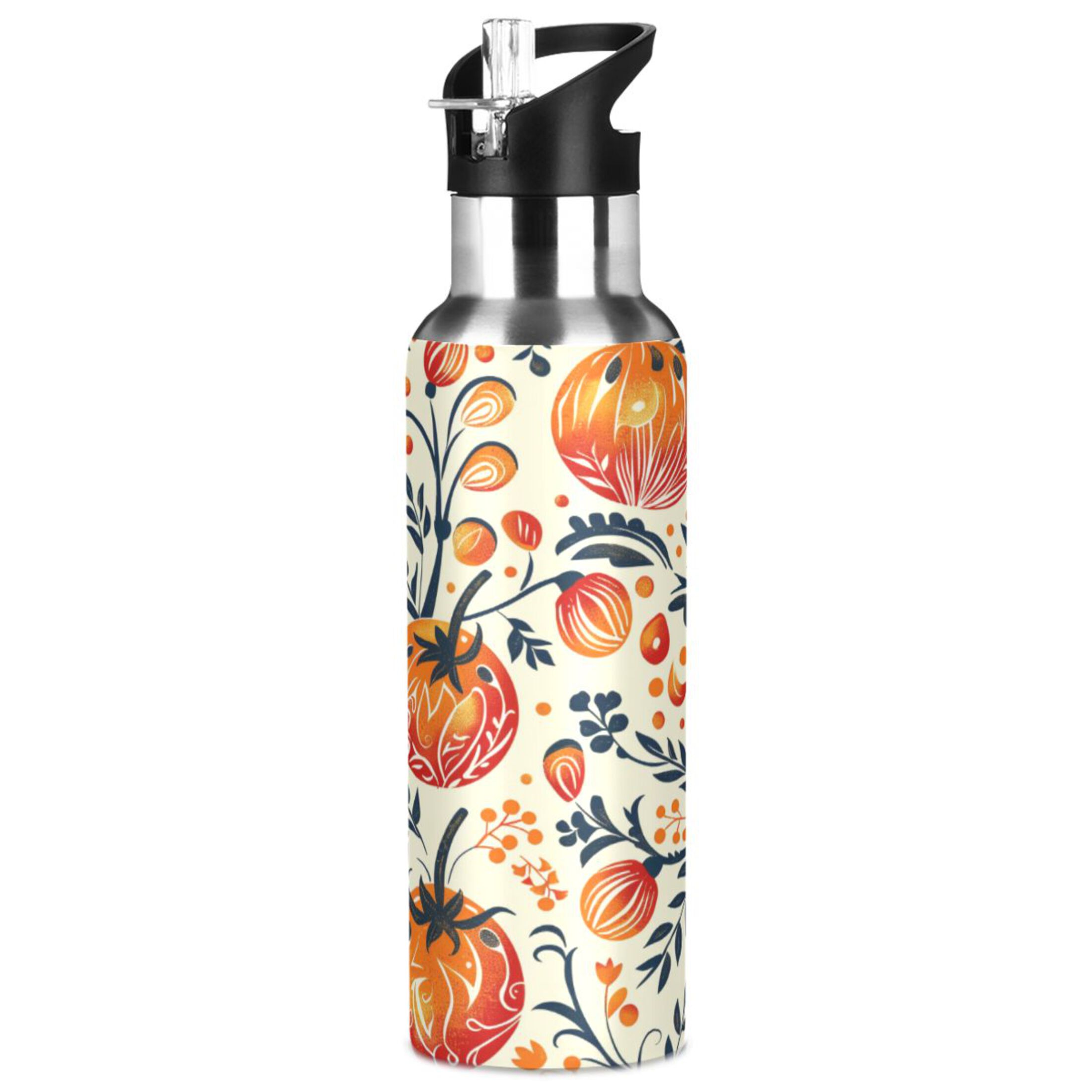 Water Bottles 20oz Straw Lid Wide Mouth Stainless Steel for School Sport Travel Tomato Folk Art