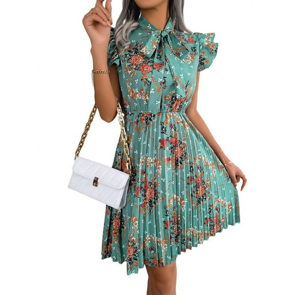 Women Floral Pleated Knee-Length Dress Vacation Crew Neck Sleeveless High Waist Slim Robe Green S