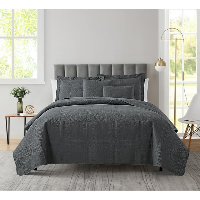 Clara Clark Home Quilt Set Bedspread - Ultra Soft Microfiber Embossed Grid Weave Pinsonic Lightweight Coverlet - Quilted Comforter 5 Piece Bedding Set - 2 Pillow Shams, 2 Euro Shams - Queen, Gray