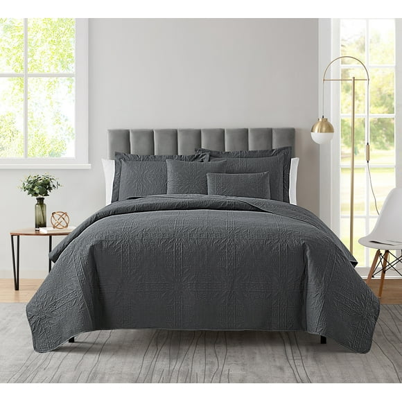 Clara Clark Home Quilt Set Bedspread - Ultra Soft Microfiber Embossed Grid Weave Pinsonic Lightweight Coverlet - Quilted Comforter 5 Piece Bedding Set - 2 Pillow Shams, 2 Euro Shams - Queen, Gray