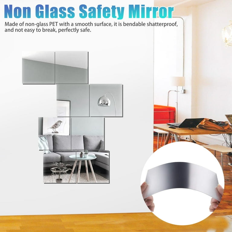 12 Pcs Flexible Mirror Sheets Self Adhesive, Non-Glass Mirror Tiles Mirror Stickers Plastic DIY Mirror for Home Wall Decor (8pcs 6X6In, 4pcs 9x6in)