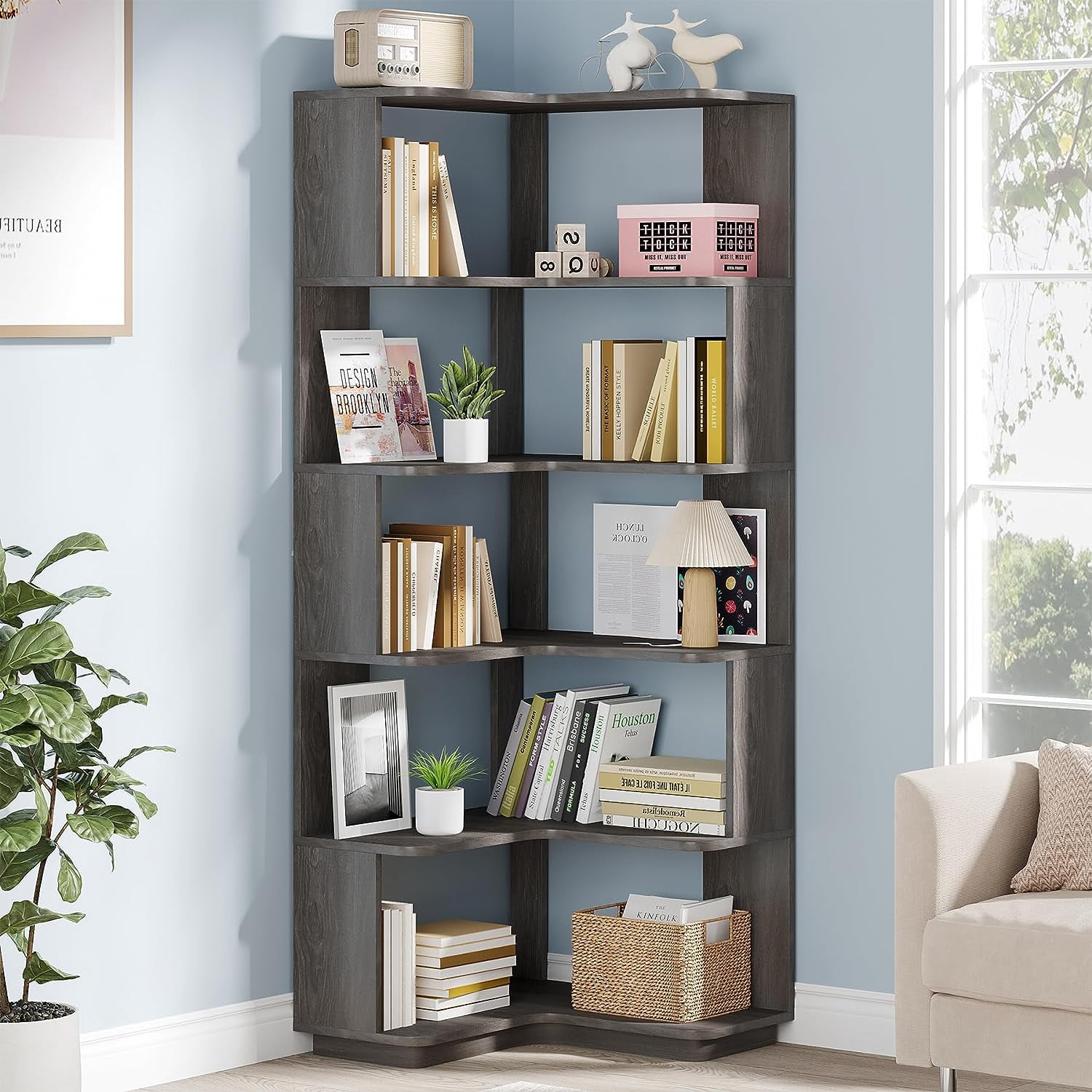 Tribesigns 64.9” 6-Tier Corner Bookshelf – Stylish Tall Storage Rack with Anti-Slip Design for Living Room & Office
