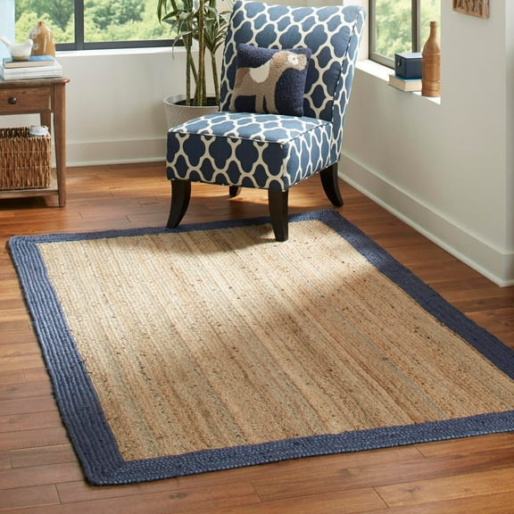 Unique Loom Braided Jute Collection Area Rug - Goa (2' x 3' 1" Rectangle Natural/Navy Blue)