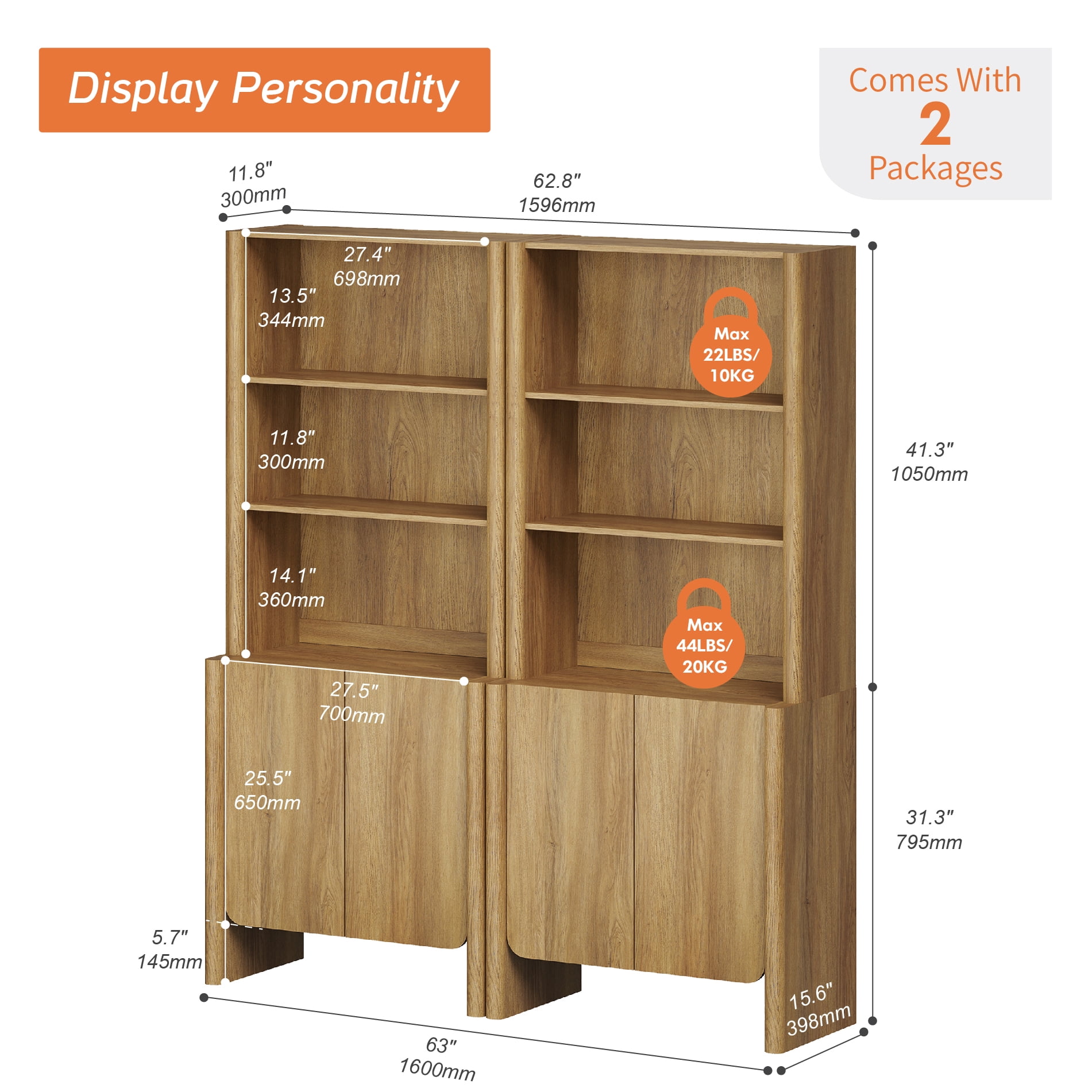 63-Inch Modern French Bookcase with Curved Edges, Doors and Open Shelves, 72.8" Tall, Walnut