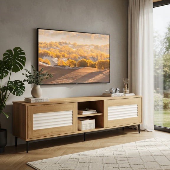 Demi Bonn TV Stand for TVs up to 70 Inch Waveform Fluted Entertainment Center, Modern Media Console with Open Shelves & Cabinets for Living Room, Oak