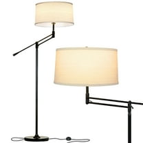 Brightech Ava 61 in. Classic Black Mid-Century Modern 1-Light Height Adjustable LED Floor Lamp with Beige Fabric Drum Shade