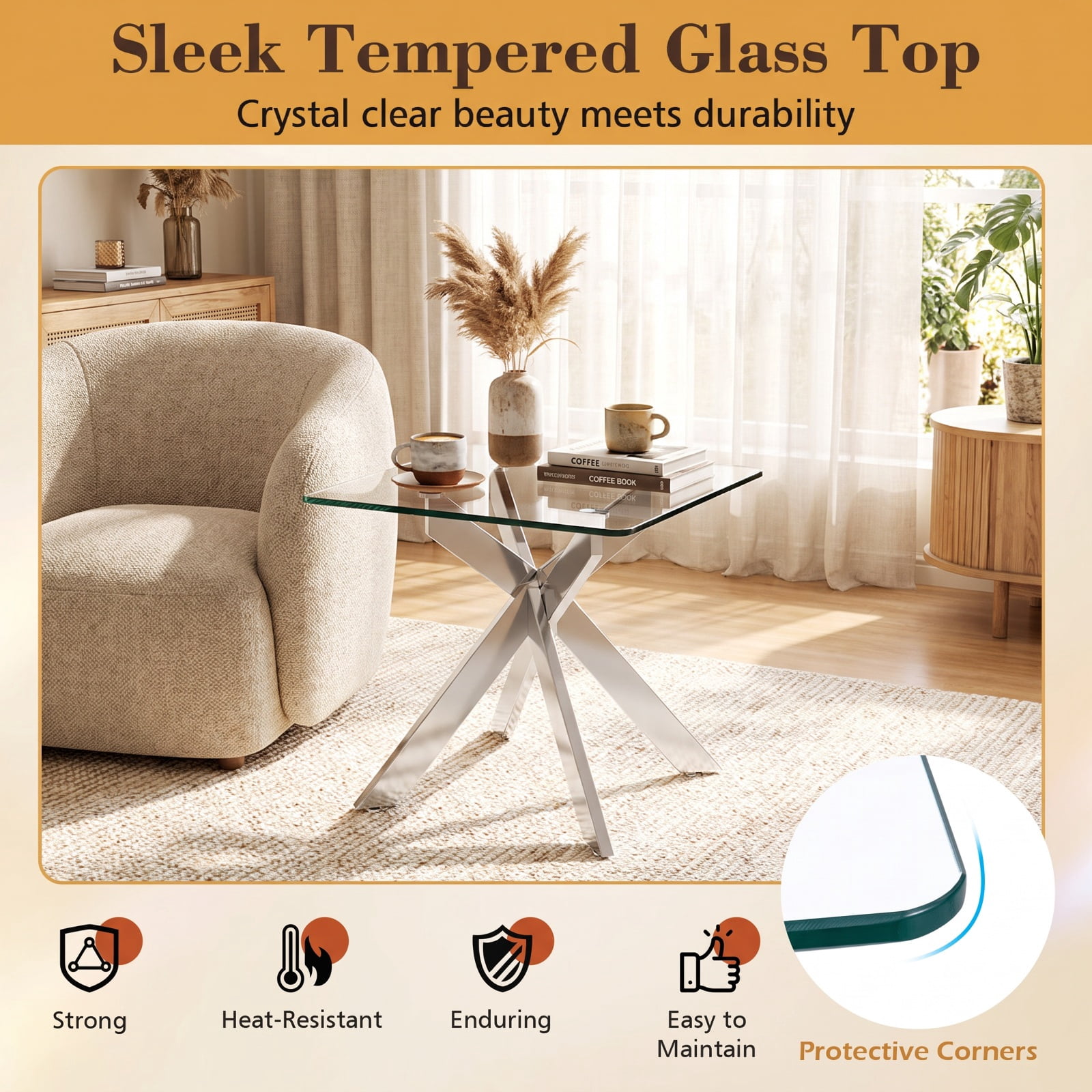 Furnibear Glass Side Table Square End Table with Tempered Glass Top and Metal X Base for Living Room Bedroom and Sofa Side, Silver