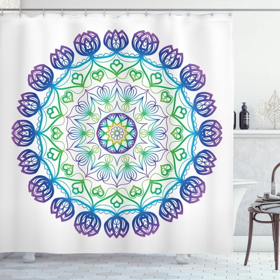 Rainbow Mandala Shower Curtain, Boho Rosette Pattern with Hearts and Star Ornamental Oriental Composition, Fabric Bathroom Set with Hooks, 69W X 75L Inches Long, Multicolor, by Ambesonne