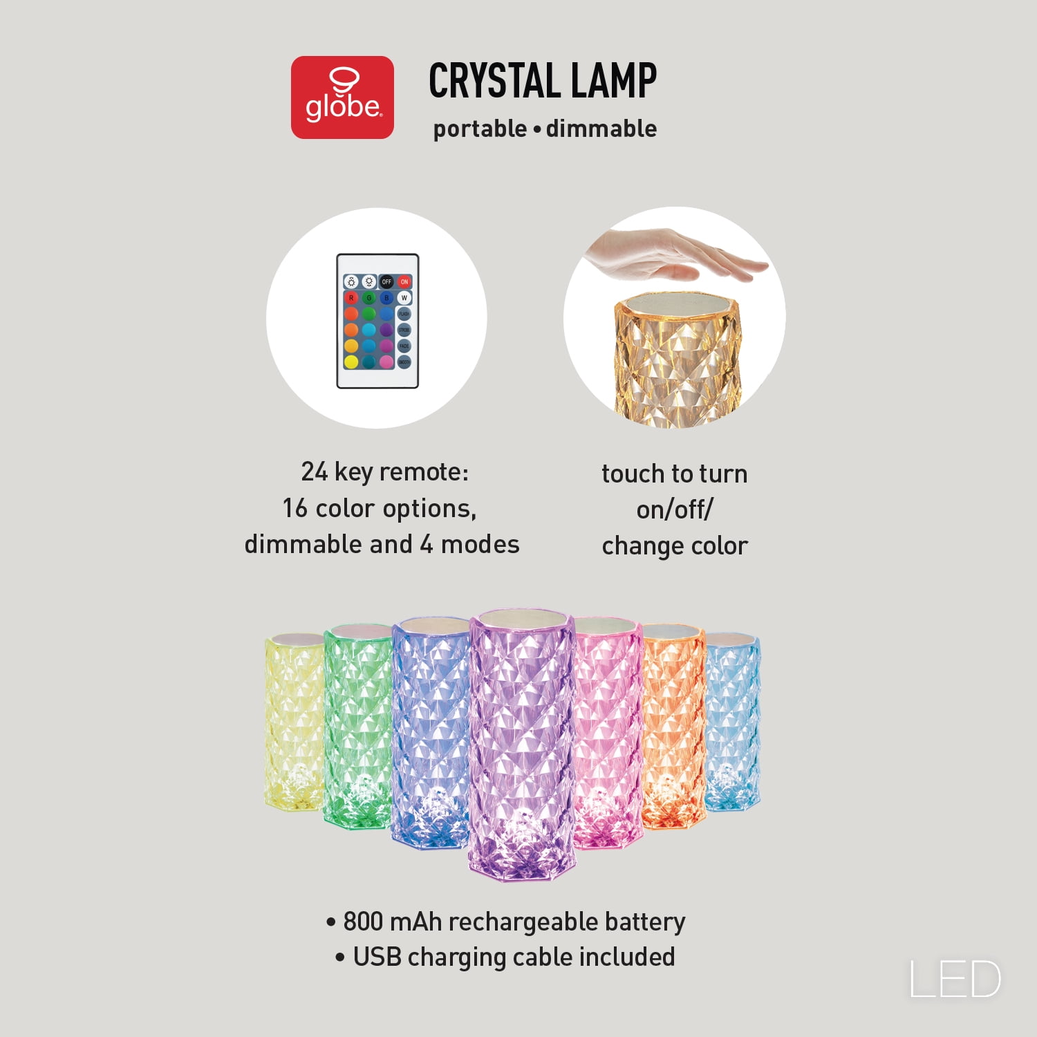 LED Integrated Rechargeable Crystal Portable Touch Lamp with Included Remote Control and USB Cable
